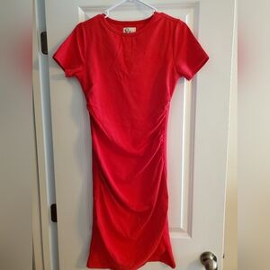 Red t-shirt dress. Ruched side details. Thick material. Ampersand Avenue. Size s